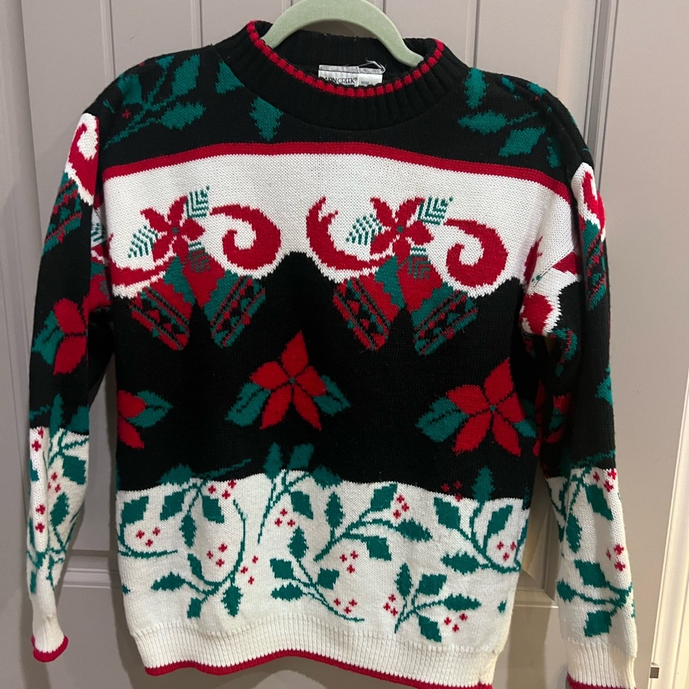 Vintage Cabin Creek Holiday Sweater with Bells and Poinsettias